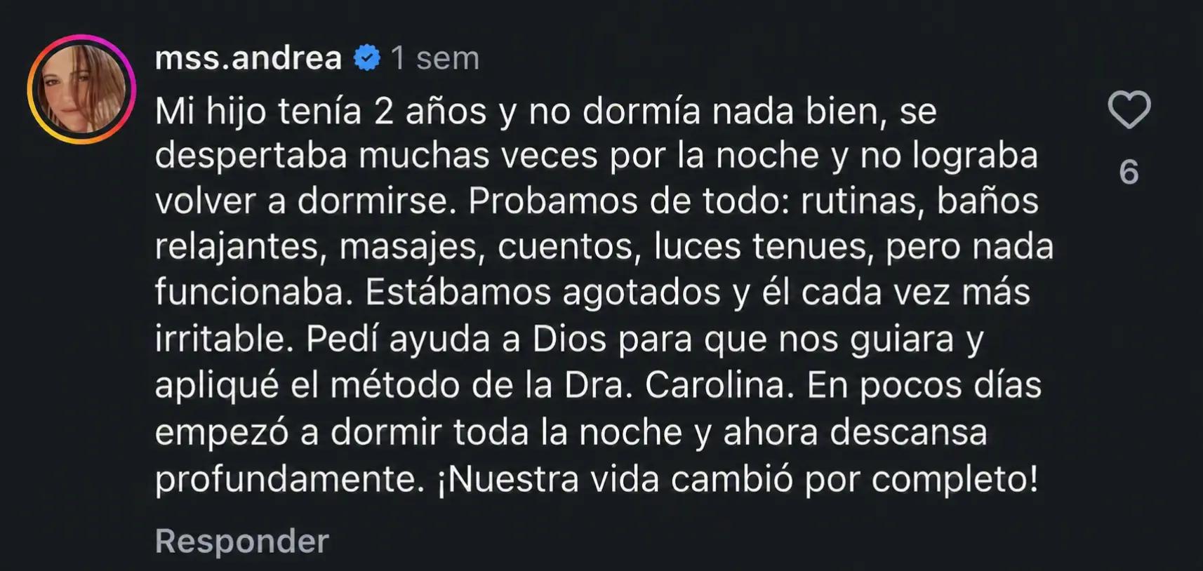 Comentario de mamá en Instagram
